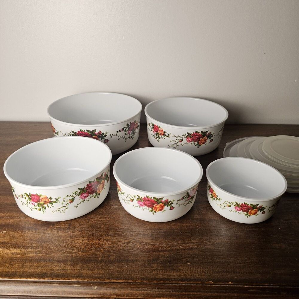 Royal Albert Old Country Roses 5 Pc Melamine Nesting Bowls w/ Lids Vintage